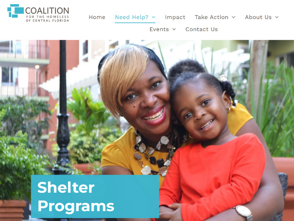 Coalition for the Homeless of Central Florida website homepage. 