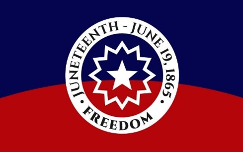 Freedom, Juneteenth, June 19, 1865 written in a circle with a blue and red background.