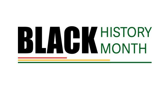 The words Black History Month with red, yellow, and green lines underneath.