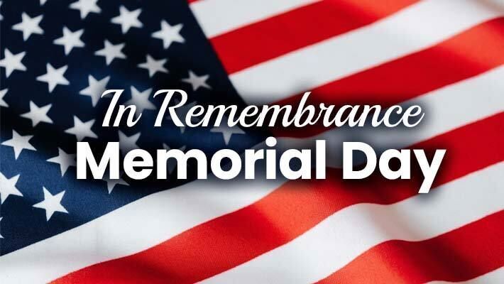 In Remembrance, Memorial Day with an American Flag as the background.