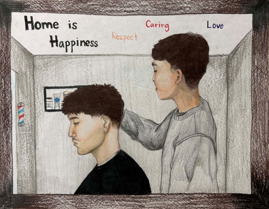 2026 What Home Means to Me Winner. A barber cutting another mans hair in a barbershop with the words home is happiness, respect, caring, and love.