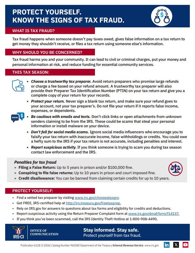 Protect Yourself - Know the Signs of Tax Fraud flyer, all information as listed below.