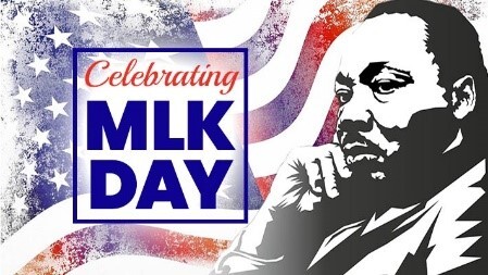 American flag with illustration of MLK - Celebrating MLK