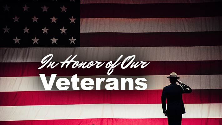 In Honor of Our Veterans. A U.S. soldier is saluting against an American flag background.